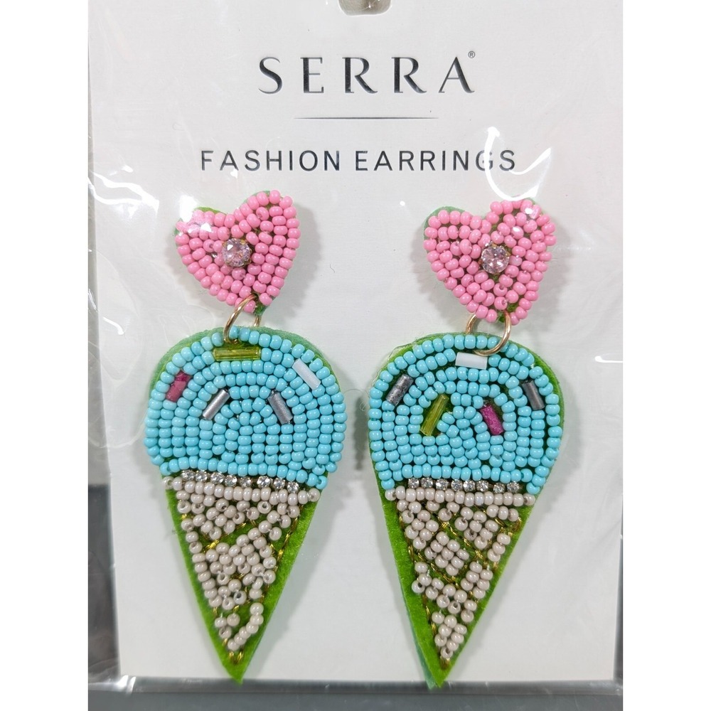 SERRA Ice Cream Heart Bead Long Dangle Earrings - Pink Blue Summer NWT